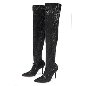 Manolo Blahnik 37/7 Sequin Pascalare Over the Knee Sock Boots Black Women